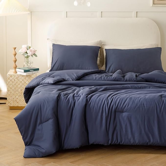 ROSGONIA Navy Blue Comforter Set Queen, 3pcs (1 Boho Blue Comforter & 2 Pillowcases) All Season Soft Bedding Lightweight Bedspread Blanket Quilt