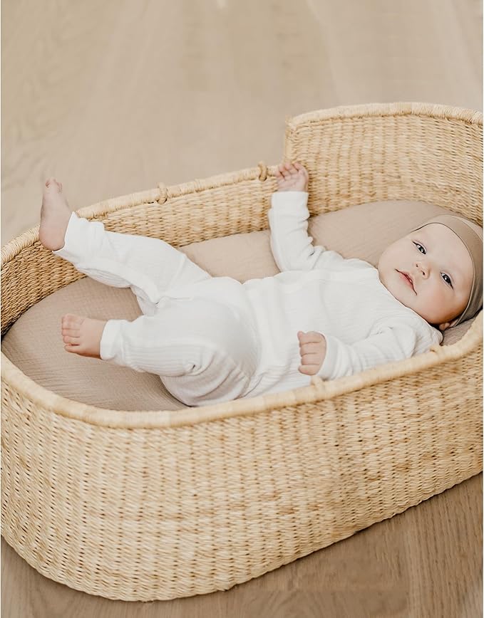 Konssy 2 Pack Muslin Bassinet Sheets for Boys, Girls, 100% Cotton Soft Breathable Fitted Bassinet Mattress Sheet, 32 x 16 inches (Brown,Summer Wheat)