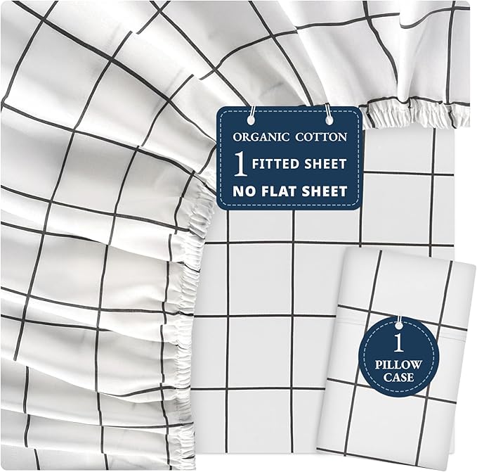 LANE LINEN Twin Fitted Sheets & Pillowcase Set, 100% Organic Cotton, Percale Weave, Soft, Breathable, Fits Mattress Up to 15' Deep - Charcoal Windowpane