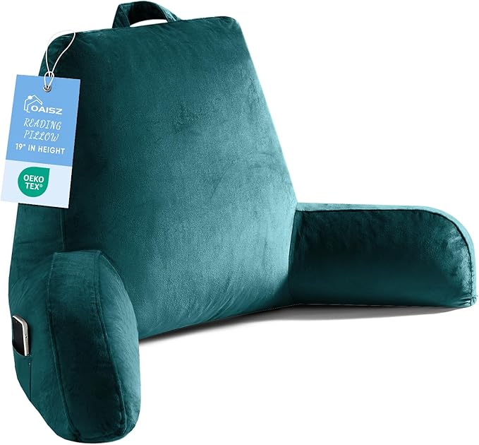 Reading Pillow for Sitting in Bed Adult, Reading Pillow with Shredded Memory Foam, Bed Pillow with Washable Cover, Back Pillow Sitting Up with Extend Arms, Prussian Blue, X-Large