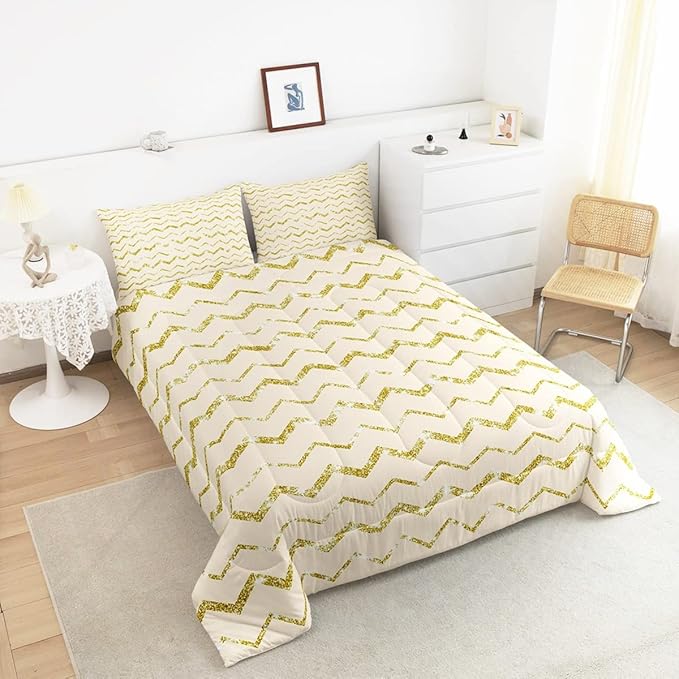 Feelyou Cream White Gold Comforter Set King Size for Teen Girls Boys Women, Cute Ivory Bedding Set, 3 Piece Reversible Comforter (1 Comforter + 2 Pillow Shams) Boys