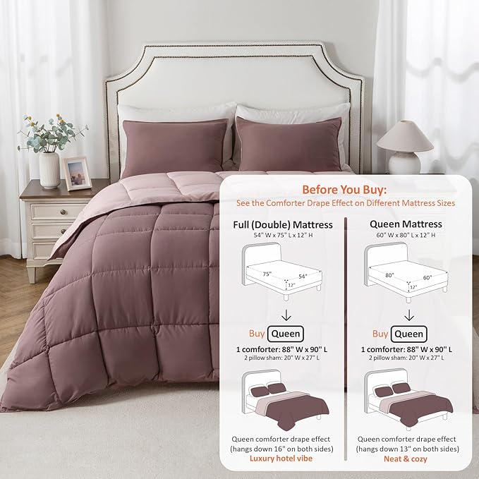 KASENTEX Queen Comforter Set – Reversible Dual Color – Goose Down Alternative – Ultra-Soft, Lightweight, Machine Washable, Maintain Fluffiness, All Season Warmth (Twilight Mauve/Pale Mauve)