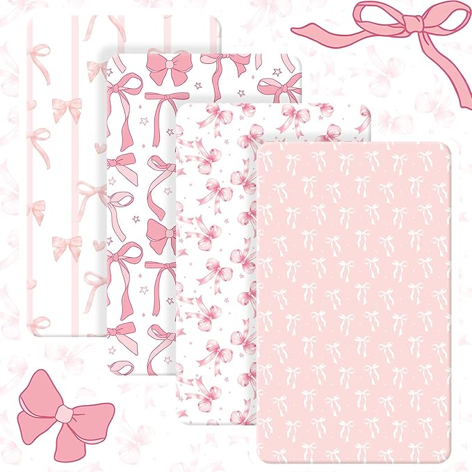 Peryiter 4 Pack Crib Sheets Girl Soft Baby Bed Sheet Set 52'' x 28" Nursery Crib Sheets for Standard Bed for Nursery Decor Baby Boys or Girls(Pink,Pink Bow)