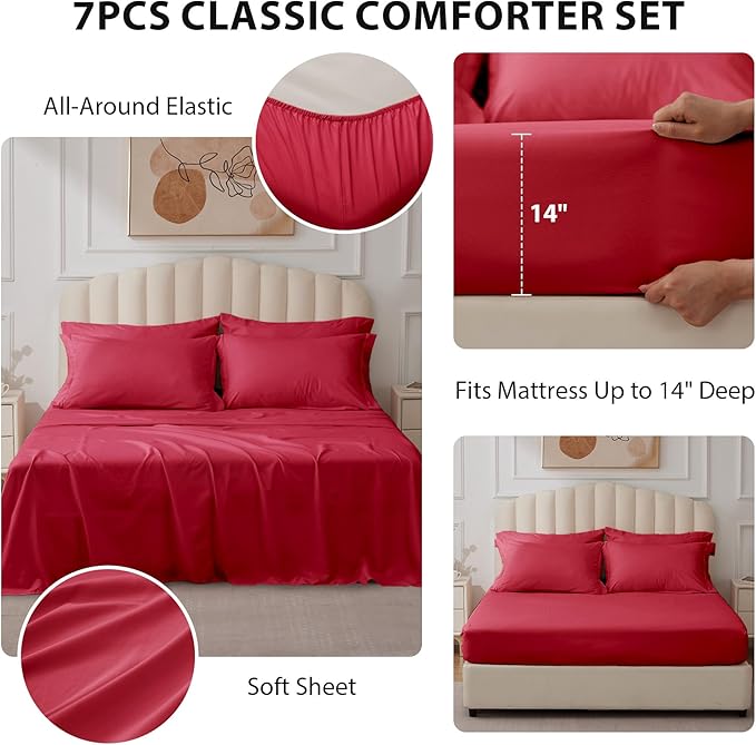 Queen Comforter Set Red - Bed in a Bag Queen Size 7 Pieces, Soft Bedding Set for All Seasons, Christmas Premium Queen Comforter Set with Comforter, Sheets, Pillowcases & Shams