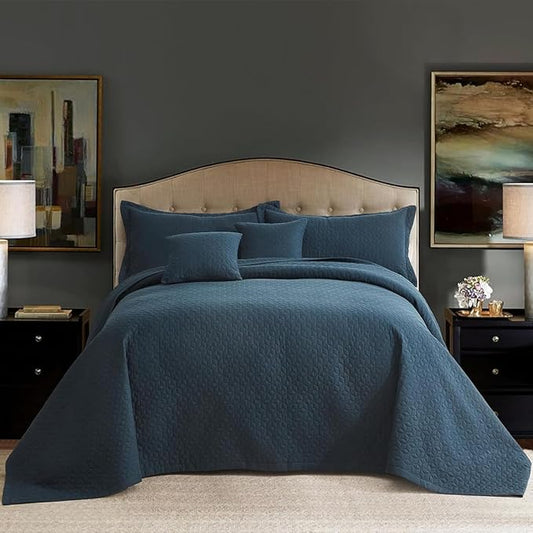 Oversized King Bedspread 128x120 Extra Wide, Modern & Contemporary Look, Lightweight Bedding Cover, Reversible, 5 Piece, 100% Microfiber, Navy Blue