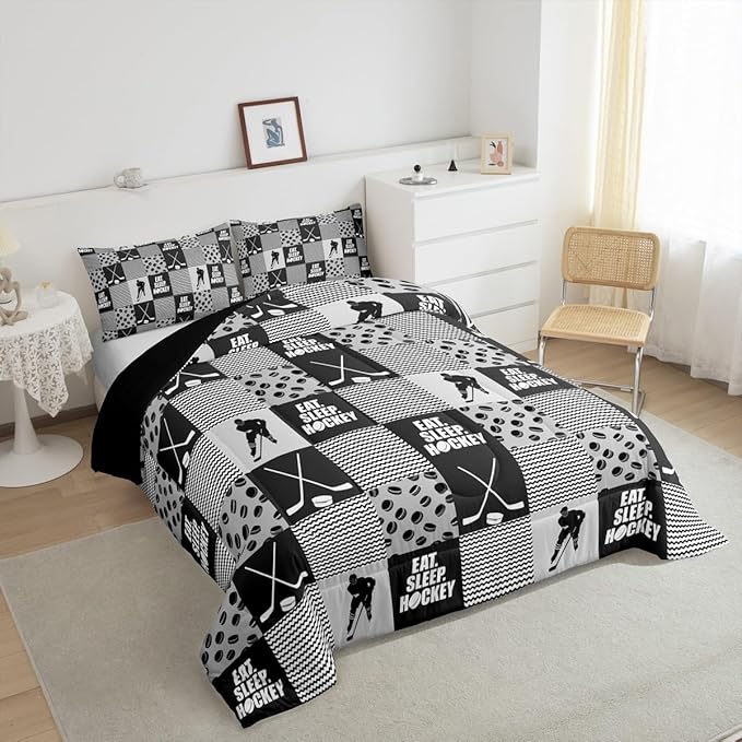 Ice Hockey Comforter Sets for Boys girls Twin Black White Grey Winter Sports Games Down Comforter Kids Teen Room Decor,Player Bedding Set Geometric Checkered Stripes Quilt Duvet 1 Pillow Case