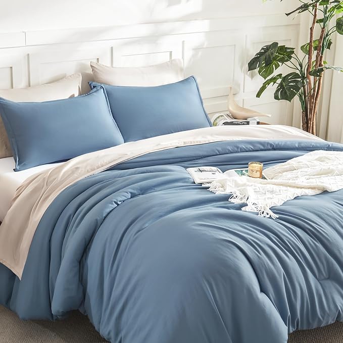 Litanika King Comforter Set Grayish Blue, 3 Pieces Lightweight Solid Bedding Comforter Set, All Season Fluffy Bed Set (104x90In Comforter & 2 Pillowcases)