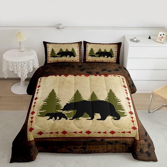 Bear Comforter Set King Size Rustic Farmhouse Bear Wildlife Bedding Wild Bear Bedding Comforter Sets Country Cabin Lodge Decor Down Comforter Nature Woodland Bear Paw Print Duvet Insert Brown Green