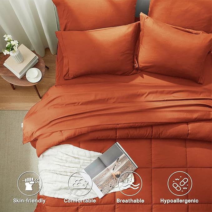 Anluoer Full Size Bed in a Bag 7 Pieces, Burnt Orange Bed Comforter Set with Sheets, All Season Bedding Sets with 1 Comforter,2 Pillow Shams,2 Pillowcases, 1 Flat Sheet,1 Fitted Sheet