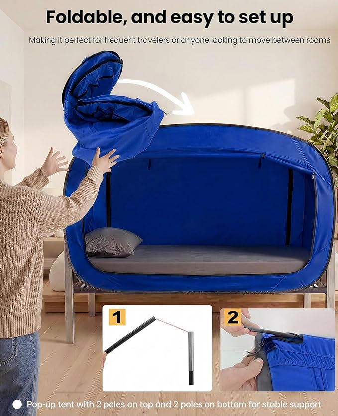 Bed Tent Full Bed Canopy Portable Dream Tent for Adult Indoor Sleeping Tents with 2 Doors Breathable Private Space Tents, Blue