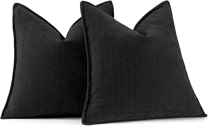 MIULEE Pack of 2 Black Decorative Pillow Covers 22x22 Inch Soft Chenille Luxurious Couch Throw Pillows Farmhouse Cushion Covers Euro Shams with Elegant Design for Sofa Bedroom Living Room Home Decor