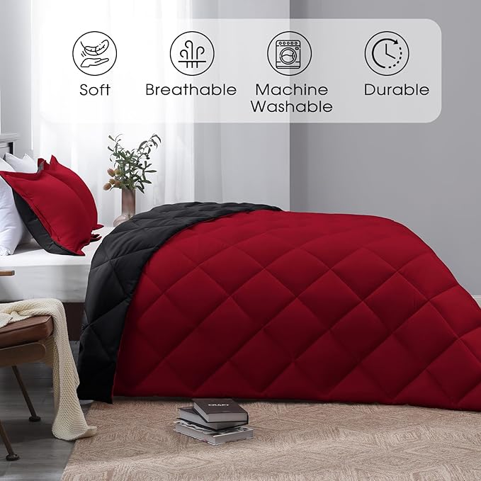 Basic Beyond Queen Comforter Set, Red and Black Comforter Set Queen Size, Reversible Bed Comforter Queen Bed Set for All Seasons, 1 Comforter (88"x92") and 2 Pillow Shams (20"x26"+2")