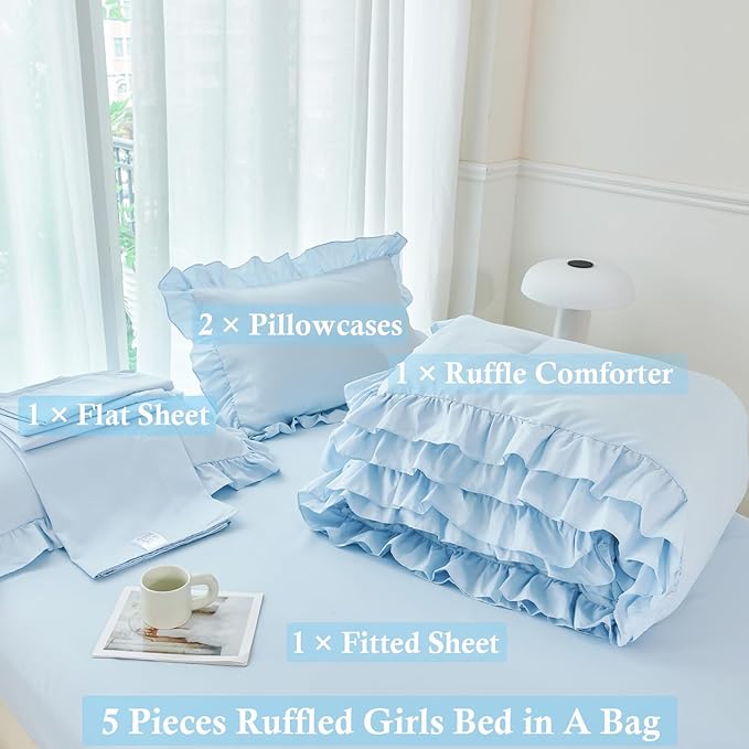 ANGIYUIN 5 Pieces Light Blue Full Bed in A Bag for Kids Girls Ruffle Bedding Sets Boho Comforter Set Vintage Farmhouse Bedding Comforter Sets with Sheets(Light Blue Full)