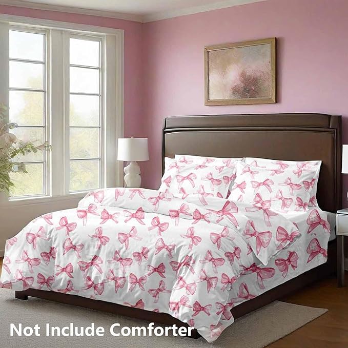 Nanko Pink and White Duvet Cover Set Queen Size, Elegant Bow Print Pattern, Soft Microfiber Comforter Bedding Cover with Zip Ties - Modern Luxury Bed Romantic Bedroom Decor for Women Teen, 3Pcs 90x90