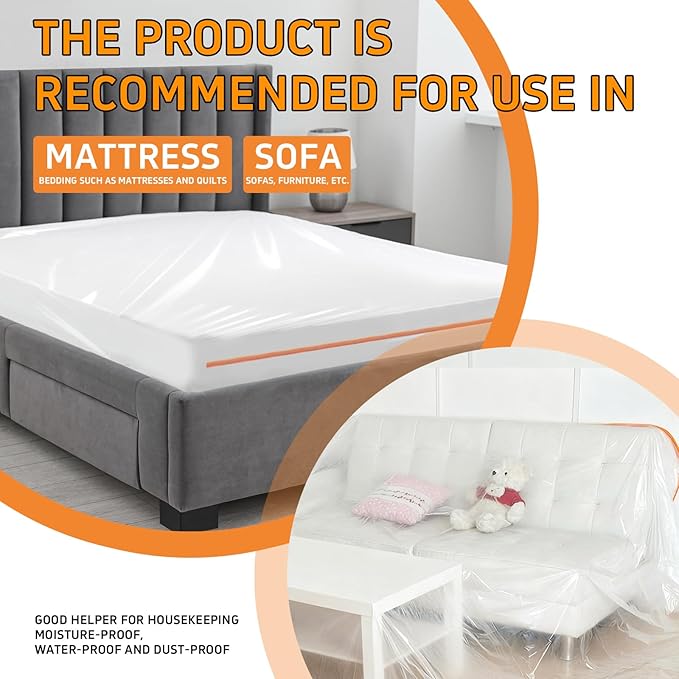 Gooo&Ma 6Mil Thicken Mattress Bag for Moving, Waterproof Zippered Mattress Cover for Storage, Reusable Plastic Encasement, Tear Proof Dust Proof Protection（King、Orange）