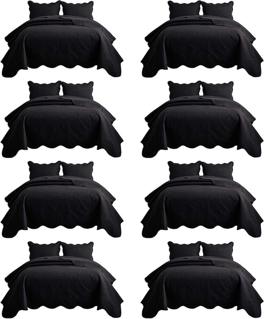IR Imperial Rooms 8 Pack California King Quilt Bedding Set (118"x106") - Bulk Wholesale for Hotels, Guest Bedroom & Airbnbs - Microfiber Reversible Floral Embossed Quilts Bedspreads (Black)