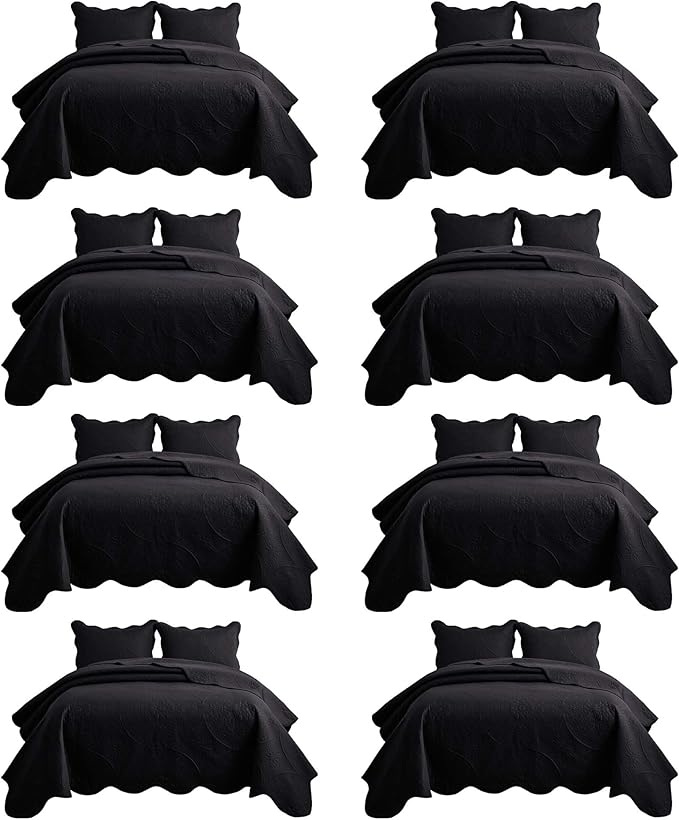 MOONLIGHT20015 8 Pack Quilt King Size Bedding (106" x 96") - Bulk Wholesale for Hotels, Guest Bedroom & Airbnbs - Lightweight Microfiber Reversible Floral Embossed Quilts Bedspreads (Black)