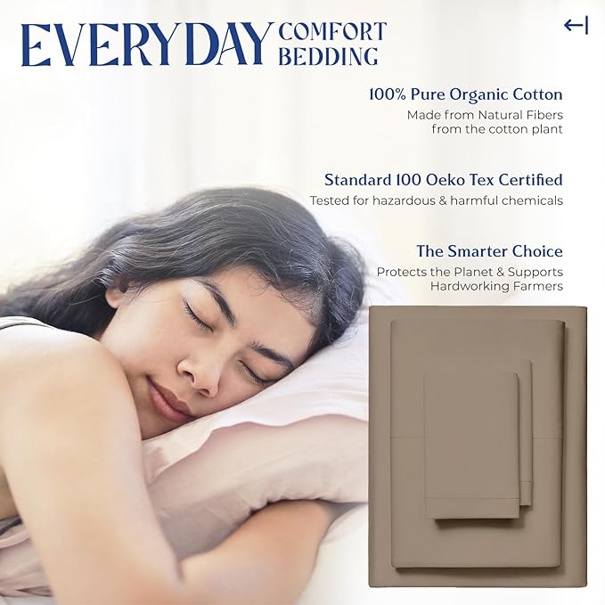 Mayfair Linen 100% Organic Cotton Sheets Full Size - 4 PC Organic Cotton Full Size Percale Weave Sheet Set, Soft, Cooling, Crisp & Breathable, 16" Deep Pocket Hotel Quality Bedding Set - Taupe