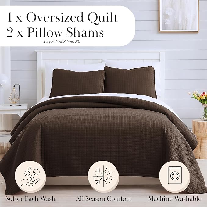 Southshore Fine Living, Inc. Twin XL Bedspread Quilt Set, Dorm Room Bedding Essentials, Stain Resistant, Machine Washable Bed Spread, XL/Twin Brown Comforter Set w/Pillow Sham, Chocolate Brown