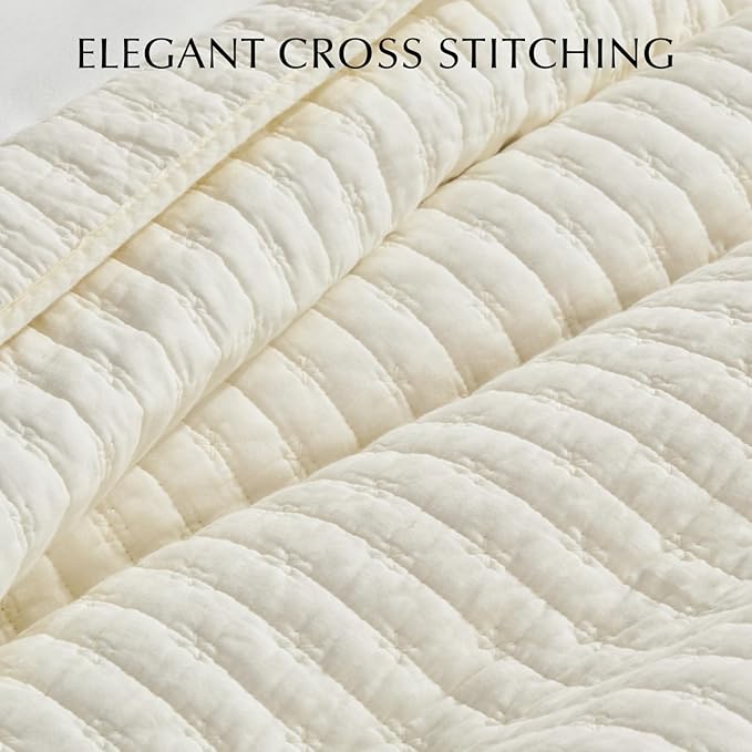 EVERGRACE Cross Stitch Pre-Washed Cotton Quilt Bedding Set Queen Size, Oversized 3 Pieces Lightweight Bedspread Coverlet for All Season, with 2 Matching Shams, Cream, 92"x96"