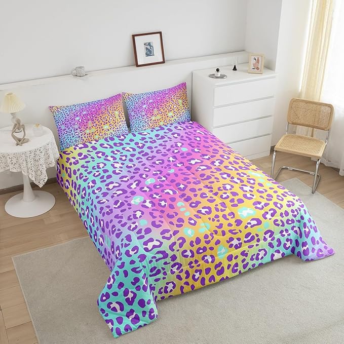 Girls Colorful Leopard Comforter Women Cheetah Print Bedding Set Girly Modern Leopard Print Comforter Set for All Seasons Kids Boys Safari Animal Print Quilt Duvet Set Room Decor Twin Size Boys
