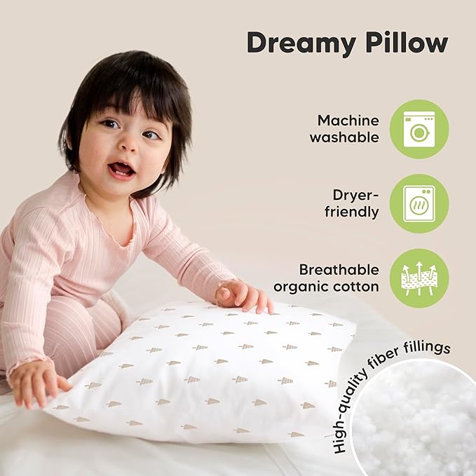 KeaBabies 2-Pack Toddler Pillows 2 Year Old to 5-13x18 Soft Organic Cotton Kids Pillow for Sleeping, Travel, School, Daycare, Nap, Toddler Bed, Machine Washable, Without Pillowcase (Pine Tree)