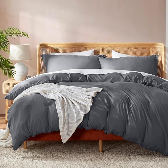 Nestl California King Duvet Cover Set with Comforter Insert - Dark Grey 4 Piece 104x98 Duvet Cover & 2 Pillow Shams with White Quilted Down Alternative Comforter, Ultra Soft, All Season
