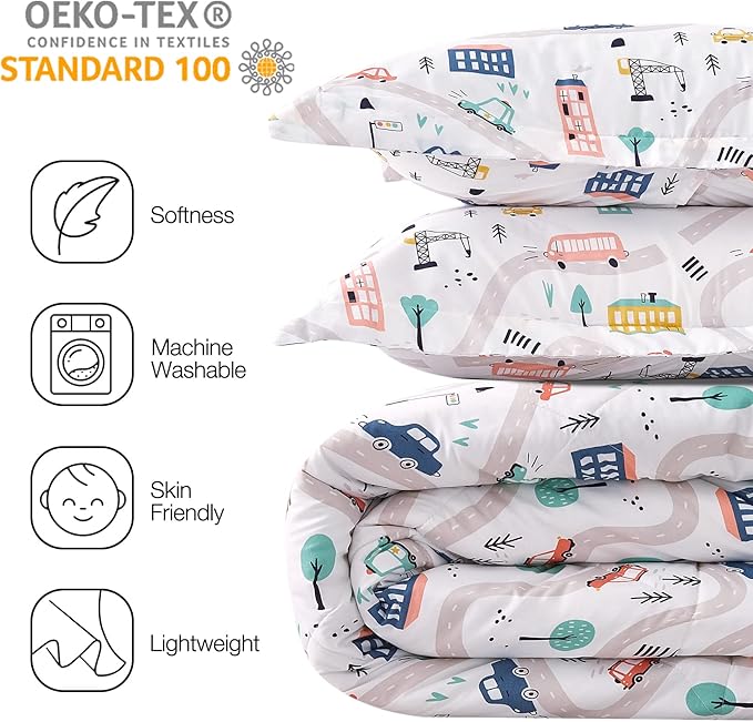 JSD Car Kids Comforter Set Full Size, 3 Piece Printed Microfiber Comforter with Pillow Sham, Lightweight All Season Washable