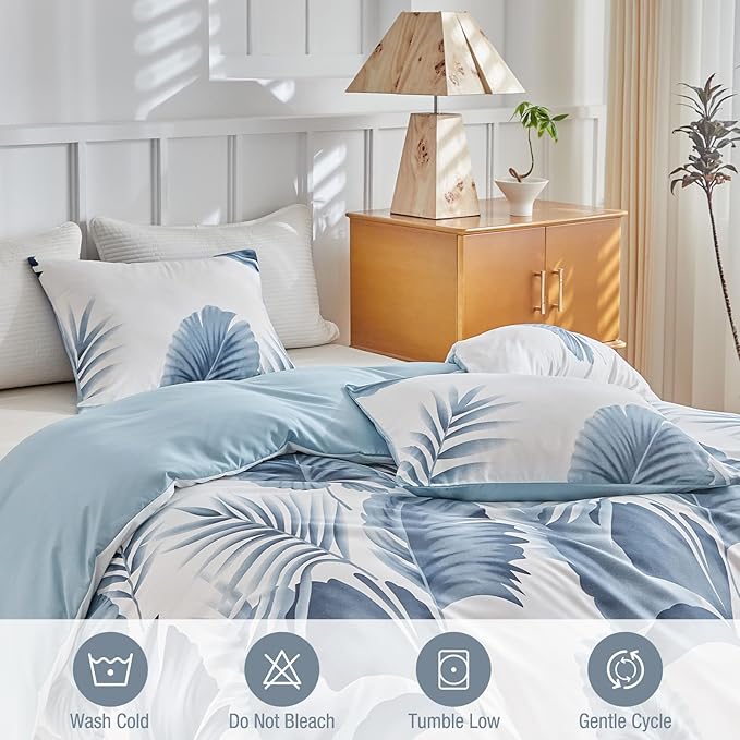 Lekesky King Duvet Cover Set, Tropical Blue Palm Pattern Duvet King Size, 3-Piece White Bedding Set with Zipper, Ultra Soft Microfiber Reversible Floral King Size Comforter