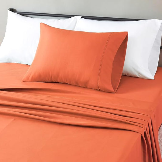 Amazon Basics Lightweight Super Soft Breathable Wrinkle-Free Microfiber 3-Piece Bed Sheet Set, Twin XL, Brick, Solid