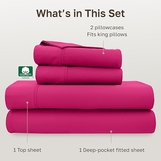 California Design Den Natural 100% Cotton Bed Sheets King Size Set - 400 Thread Count Sateen, Deep Pocket King Size Sheet Set, All Around Elastic, Soft, Durable Bedding - Hot Pink