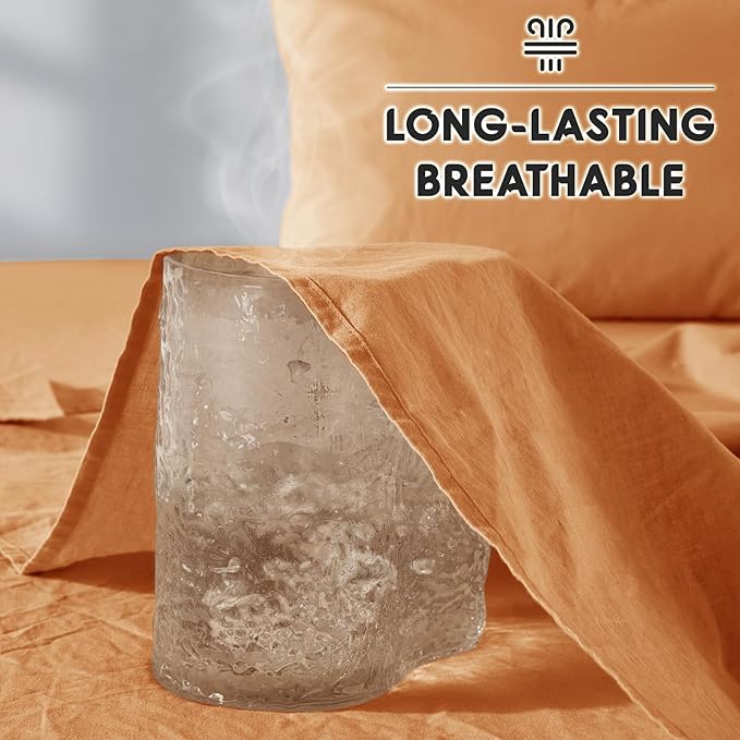 SONORO KATE 100% French Pure Linen Sheets, Breathable and Durable Linen Queen Size Sheets, Anti-Tear Linen Bed Sheets, Machine Washable, 16 Inch Deep Pocket - 4 Piece (Orange, Queen)