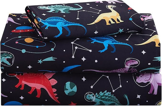 Kids Sheet Set Twin Size, Twin Sheet Set with Space Dinosaur Pattern，Breathable Silky Soft Microfiber Kids Fitted Sheet