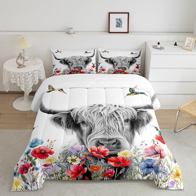 Highland Cow Comforter Set King, Red Poppy Floral Bedding Set for Teens Boys Girls Adult, Hummingbird Western Funny Animals Quilt Set Cattle Bull Cattle Wild Animals Farmhouse Down Comforter