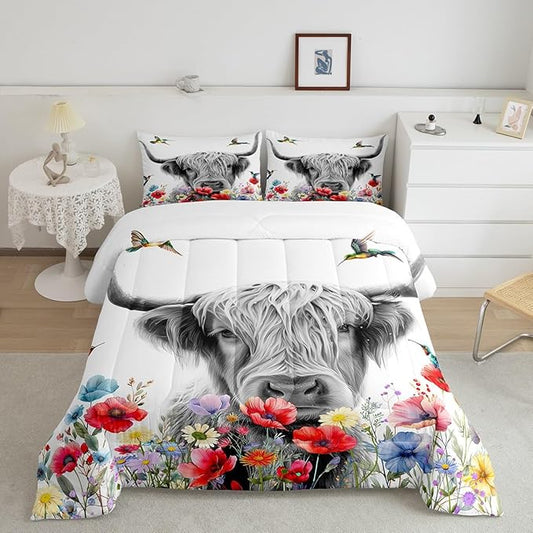Highland Cow Comforter Set King, Red Poppy Floral Bedding Set for Teens Boys Girls Adult, Hummingbird Western Funny Animals Quilt Set Cattle Bull Cattle Wild Animals Farmhouse Down Comforter