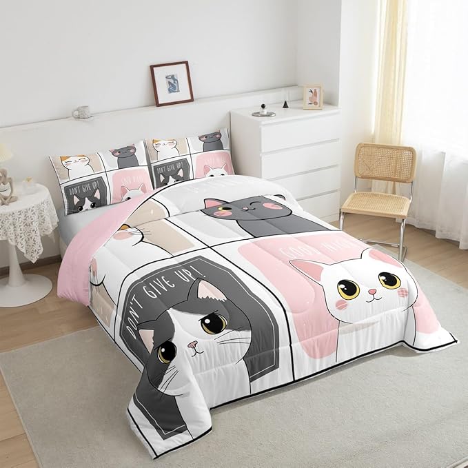 Erosebridal Kawaii Cats Comforter Set Queen,Pink Grey Cute Little Cat Down Comforter Adorable Kitten Animal Bedding Set For Kids Boys Girls Patchwork Cartoon Doodle Quilt Duvet Set With 2 Pillow Cases