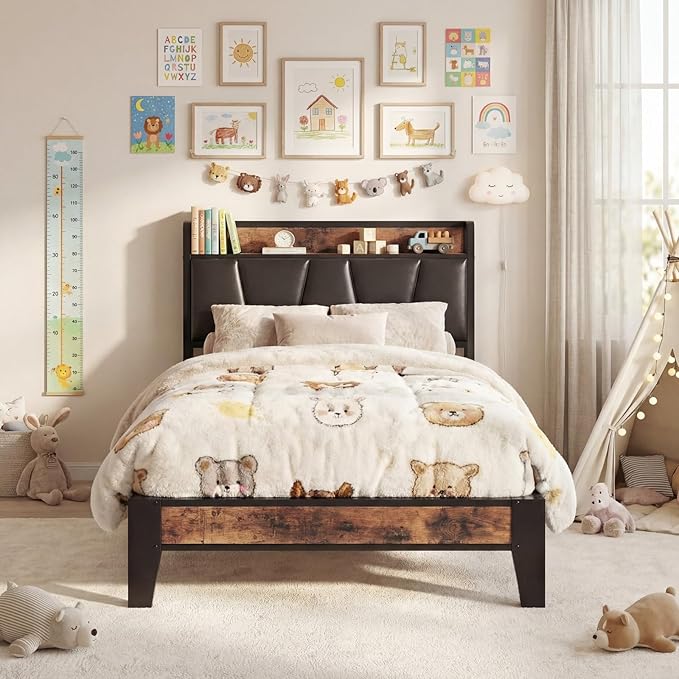 LIKIMIO Twin Bed Frame, Storage Headboard with Charging Station, Solid and Stable, Noise Free, No Box Spring Needed, Easy Assembly (Vintage and Black)