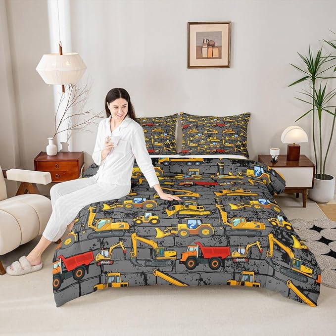 Kids Tractor Bedding Sets For Boys Toddler Twin,Under Construction Trucks Bedding Comforter Set,Equipment Excavator Bedding Cartoon Vehicle Cars Bed Set For Child Room Decor Yellow Dark Grey 2 Pcs