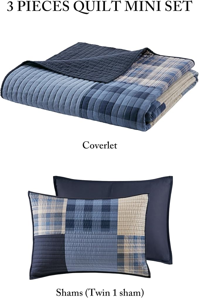 WOOLRICH Quilt Set Patchwork Channel Quilting, Cottage Coverlet for Twin Size Bed All Seasons, Lightweight Prewashed Cotton Coverlet Bedspread, Shams, Winter Hills,Oversized King/Cal King Blue 3 Piece