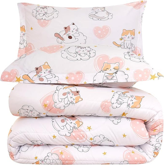 Yibeizi Cat Kids Comforter Set for Girls Twin, Cute Quilted Pink Heart Printed Bedding Set with Pillow Sham, Lightweight Soft Breathable Machine Washable Bed Set 2 Piece