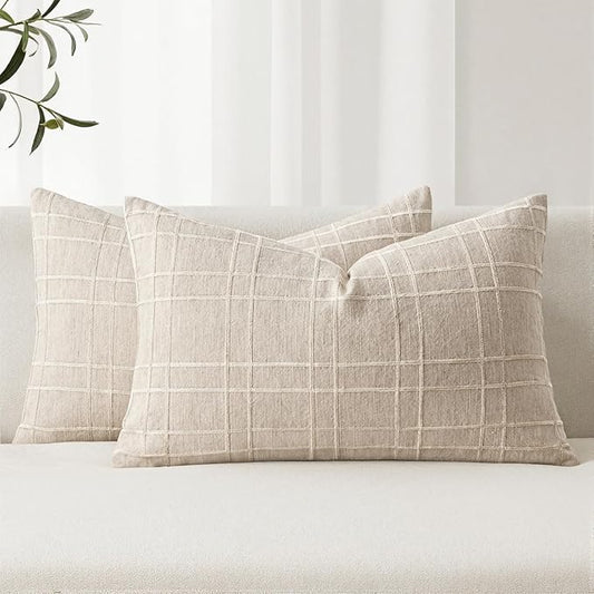 MIULEE Decorative Linen Check Lumar Throw Pillow Covers Neutral Farmhouse Vintage Pillow Covers 12x20 Set of 2 Boho Modern Home Decor for Sofa Couch Bedroom Cushion Natural Beige
