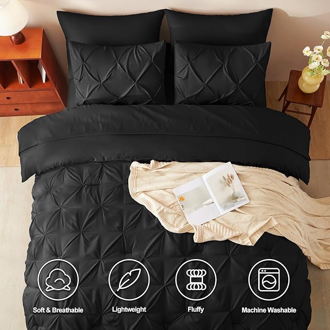 CozyLux Twin XL Comforter Set Black, 5 Pieces Twin Extra Long Pintuck Bed in A Bag for College Dorm, Pinch Pleat Bedding Set with Comforter, Sheets, Pillowcase & Sham