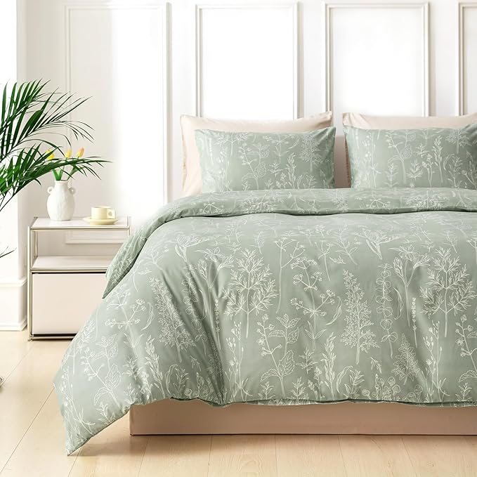 Lekesky Floral Duvet Cover King Size, Sage Green Duvet Cover King Plant Flowers Pattern Bedding Set for All Season, Soft Breathable Duvet Cover with Zipper Closure & Corner Ties