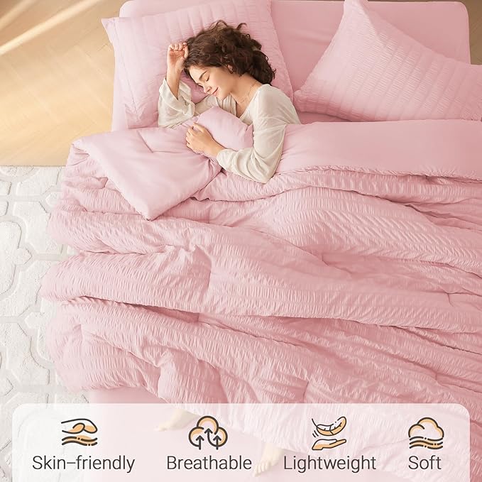 MUXHOMO 7 Pieces King Comforter Set, Seersucker Bed in a Bag King Size, All Season Luxury Bedding Set with Comforter, Flat Sheet, Fitted Sheet, Pillowcases & Shams, Pink