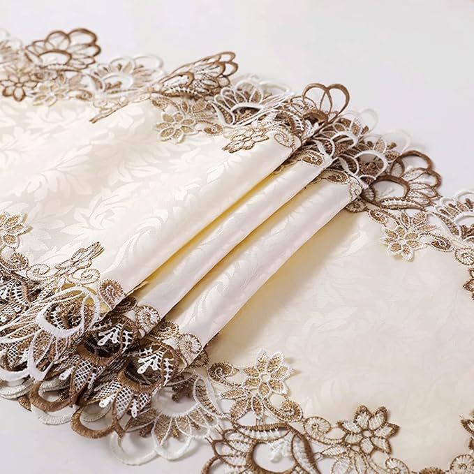 LeLehome 69 Inches Embroidery Lace Table Runner, Classic Jacquard Floral Dresser Scarf for Kitchen Dining Restaurant Party Wedding Tabletop Home Decoration Beige White