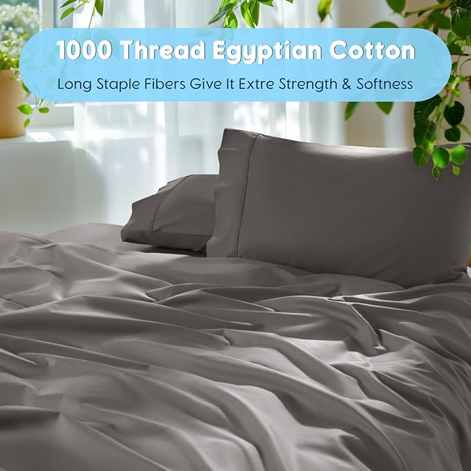 SONORO KATE 100% Egyptian Cotton Sheets Set, Extra Deep Pocket up to 18"-24",1000 High Thread Count, Soft & Breathable 5-Star Hotel Sateen Bed Sheets - 4 PC (Dark Grey,Queen)