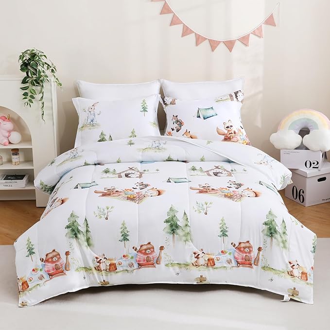 Yibeizi Camper Themed Comforter Set Full Size, Kids Woodland Animals Printed Bedding Set with Pillow Sham, Cute Lightweight Soft Breathable Machine Washable Quilted Bed Comforter Set 3 Piece
