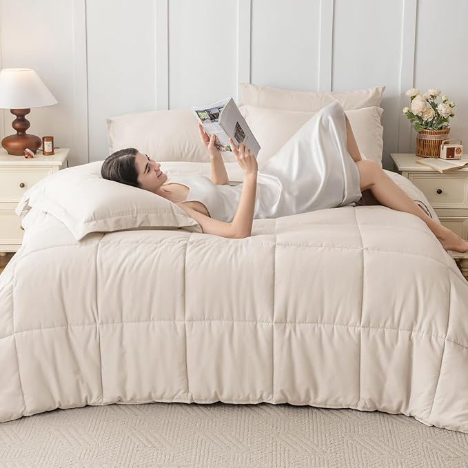 JOLLYVOGUE Oversized King Comforter Set, Ultra-Soft Bed in a Bag Oversized King Size 7 Pieces, Oeko-TEX Certified Bedding Set with Down Alternative Comforter, Sheets, Pillowcases & Shams, Beige
