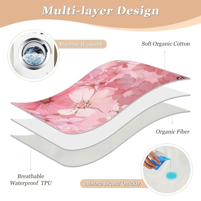 Waterproof Bed Pad Reusable Changing Pad Toddler Mattress Protector Large Pee Pad Baby Diaper Pad Soft Washable Liner Floral Pink Butterflies