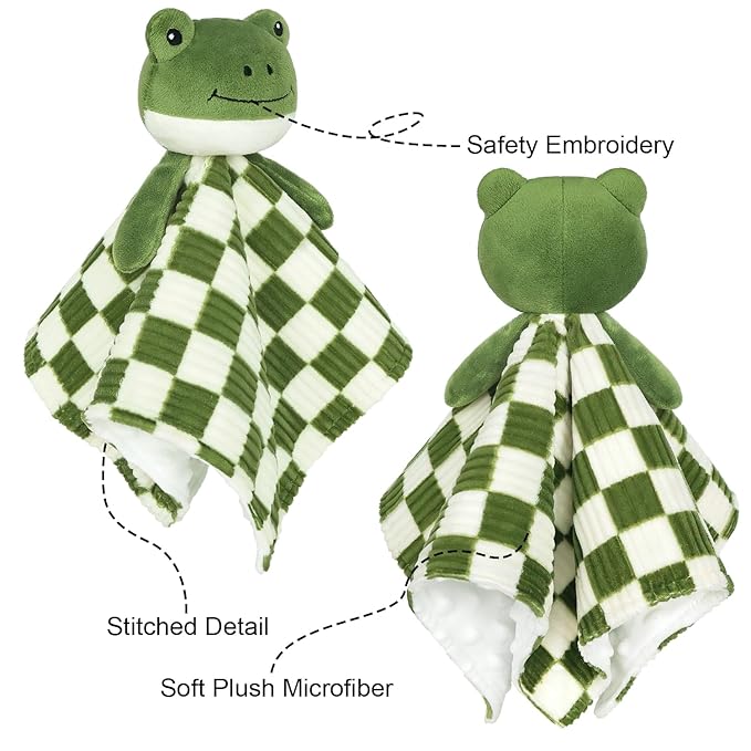 Baby Lovey Blanket for Boys Girls Super Soft Checkerboard Gingham with Minky Dot Fabric Backing Frog Stuffed Animal Lovely Snuggle Toy Green 14 Inch